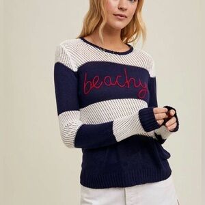 NWT WISHLIST Beachy Embroidered Striped Navy Off White Sheer Top Size Large